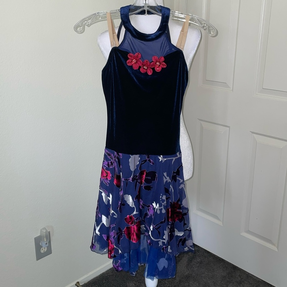 Velvet Navy Blue with red flowers ballet costume